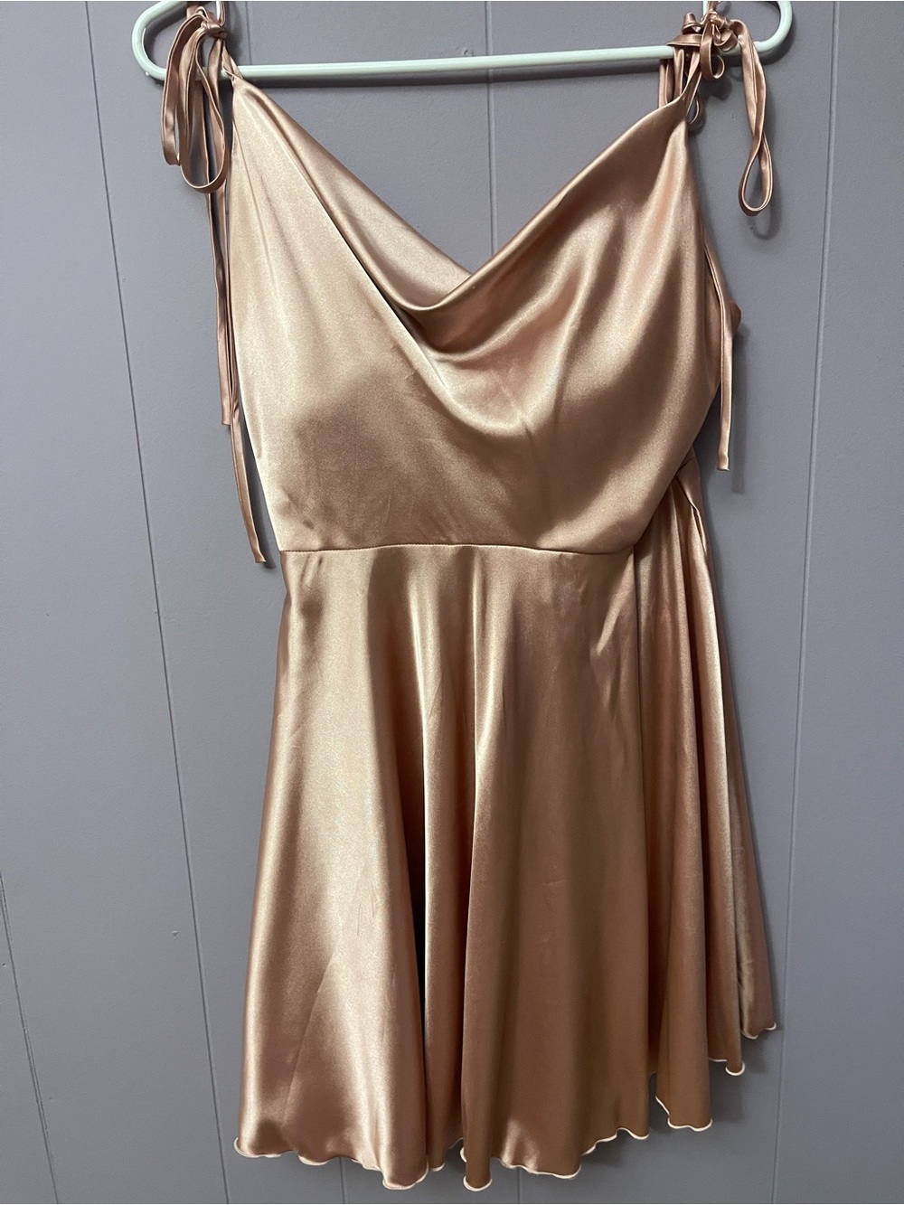 Satin Cowl Neck by LaDivineTie-Shoulder Mini Dress in champagne blush.